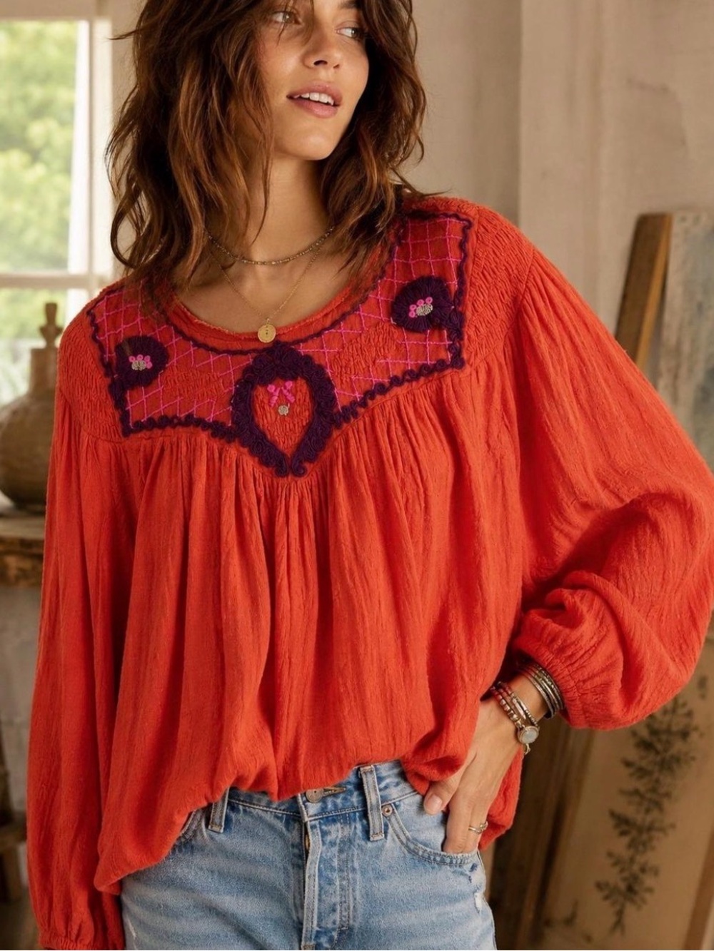 Free People Orange Embroidered Boho Peasant Top